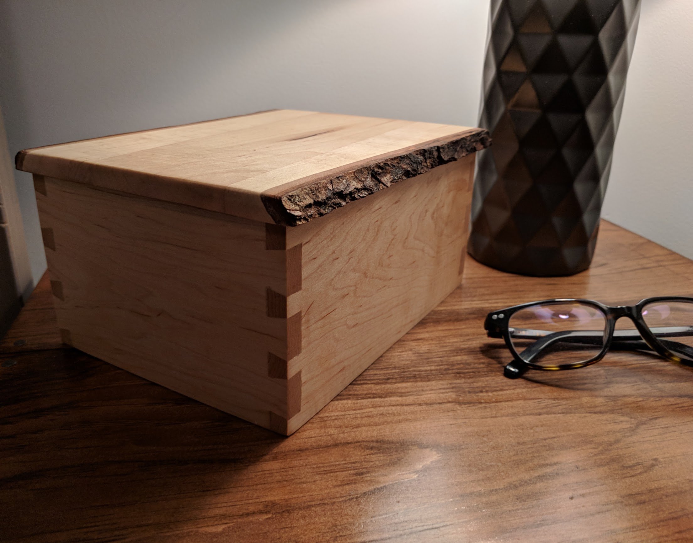 Living edge maple dovetail box, with hand cut dovetails