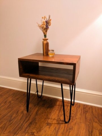 Commissioned stained pine end table with hairpin legs